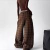 Womens Winter Plaid Wide Leg Pants Retro Relaxed Straight Cotton Trousers