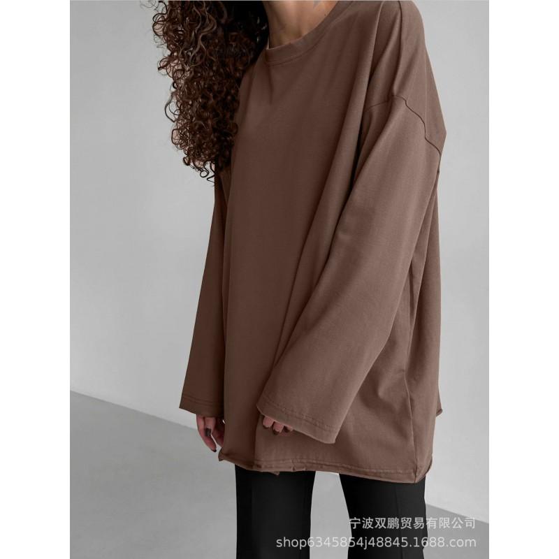 Womens Loose Fit Long Sleeve Cotton T-Shirt With Handcrafted Distressed Detail 2026 Casual Top