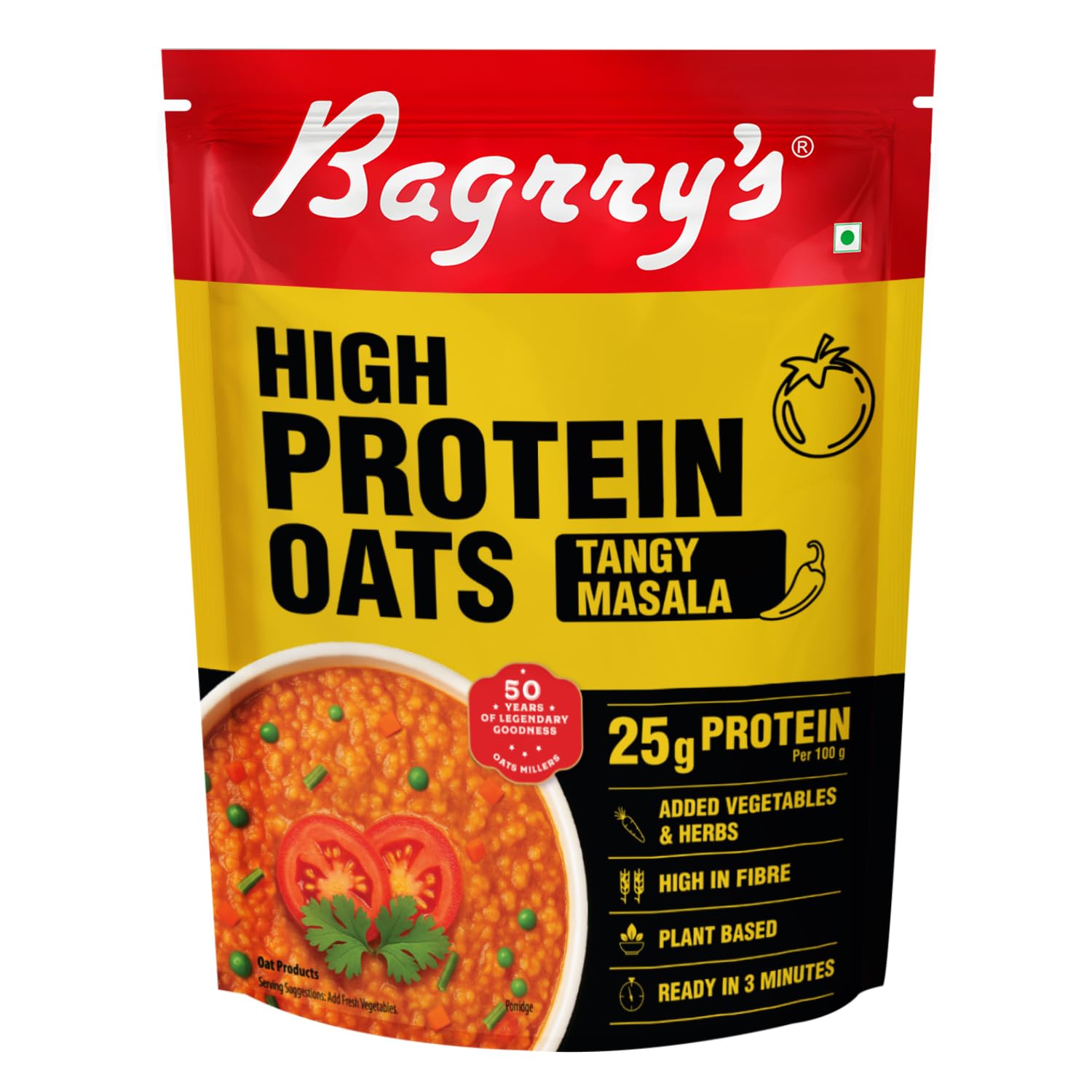 Bagrry’s High Protein Masala Oats 400g | 25g Plant Protein | Tangy Masala Flavour | Instant Savoury Oats | Wholegrain Breakfast Cereal with Real Ve
