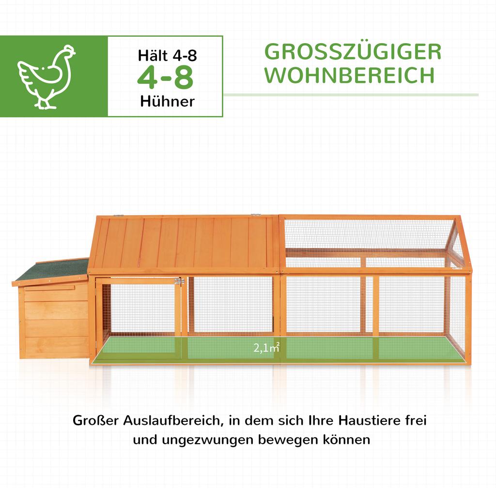 Chicken Coop Free-Range Enclosure 2.4 X 1.125 X 0.76 M with Lock, Fir Wood, with Door, Hinged Roof, Outdoor Poultry Coop, 4-8 Chickens, Orange