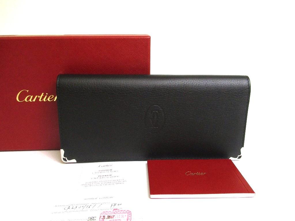 Оригинальный кошелек Cartier Must de Cartier из черной кожи с откидным клапаном #a743 Восстановленный