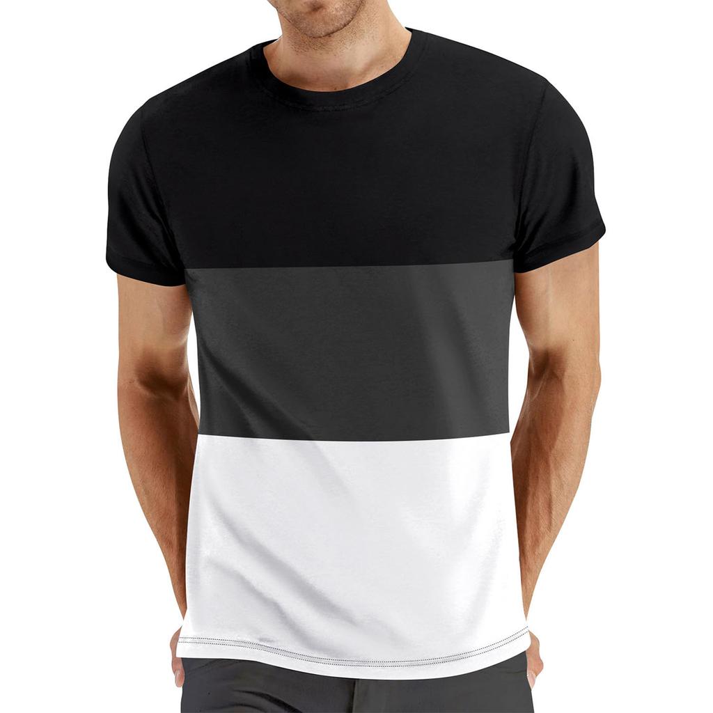 Men's  Large  Size Leisure  Contrasting  Colors Assembling  Round  Neck  Fitness  Exercise  Short  Sleeved  Shirt