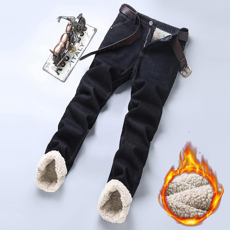 Winter Warm Fleece Jeans Men Straight Stretch Thick Casual Thermal Denim Pants Male Business Work Trousers Men Clothing
