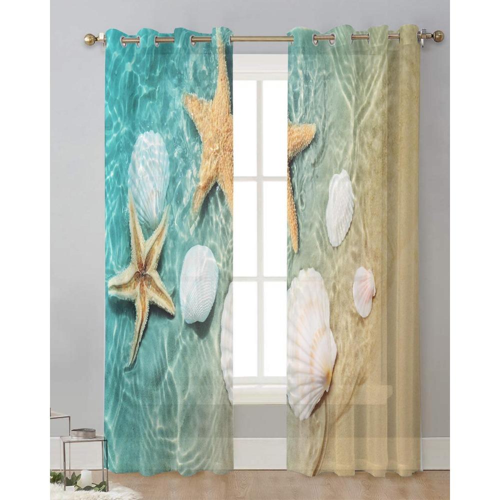 Beach Sea Starfish Shells Green Sheer Curtains for Living Room Decoration Window Curtains Kitchen Tulle Voile Organza Curtains