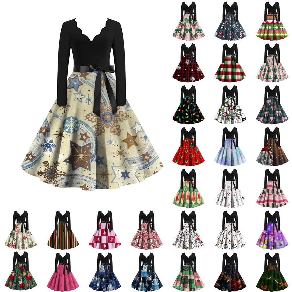 Women's Casual Fashion V-neck Long Sleeved Retro Christmas Print Retro Dress Autumn