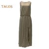 Women Summer Dress Pleated Round Neck Sleeveless Solid Color Loose Slit Hem Maxi Dress Daily Date Party Wear Long Dress