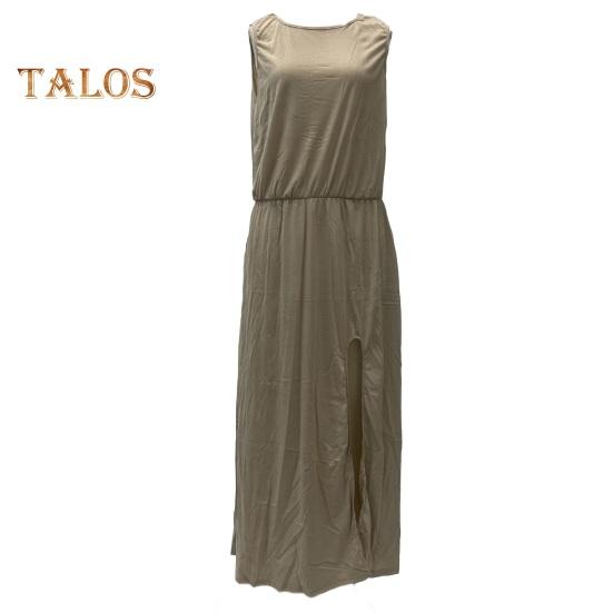 Women Summer Dress Pleated Round Neck Sleeveless Solid Color Loose Slit Hem Maxi Dress Daily Date Party Wear Long Dress