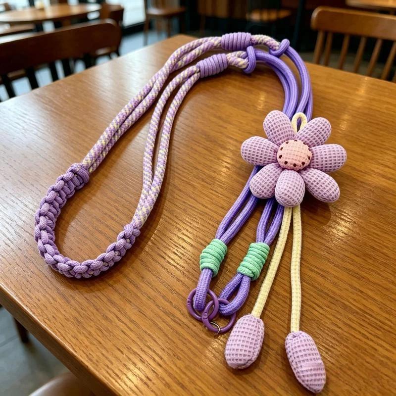 1Pcs Cute Flower Decor Adjustable Phone Lanyard Durable Braided Strap For Daily Outing Shopping Travel Anti Lost Accessory