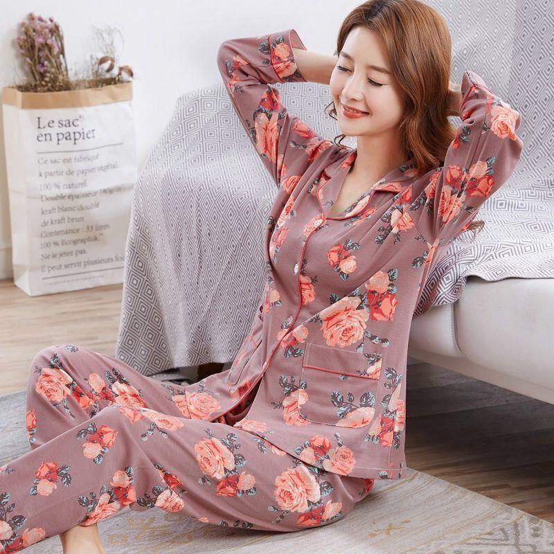 Pajama Women's Long Sleeved Cardigan Home Suit Set Crop Top & Shorts Suits Lady Sleepwear