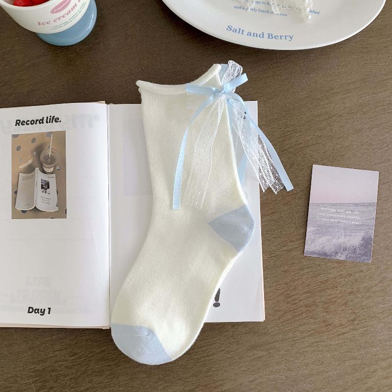 Blue and White Decorative Socks - Lil' Lolydita Bow Tie Ankle Socks with Rolled Edges and Gathered Fabric, Sweet Lace Socks