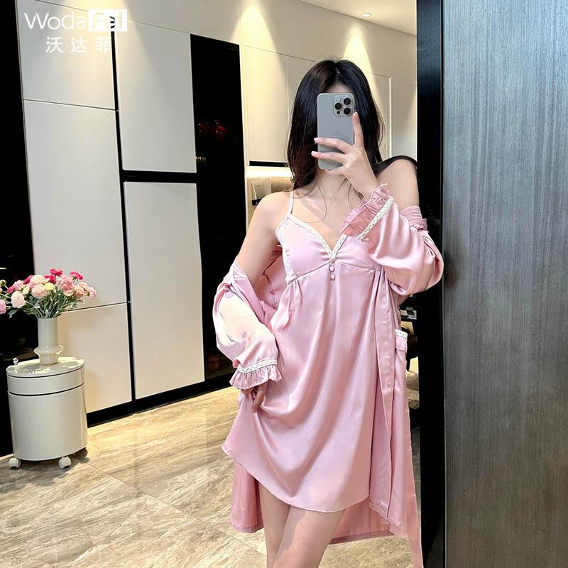 [Carefully Selected] Lace camisole nightdress, summer with bra pad, sexy ice silk nightgown, pure and alluring style slip dress coat set