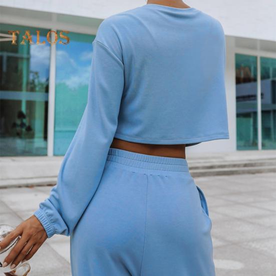 2 stk/sett Dame Topp Buksesett Rund Hals Langermet Uregelmessig Krysskant Genser Ensfarget Elastisk Høy midje Vide ben Bukser Sport Fitness