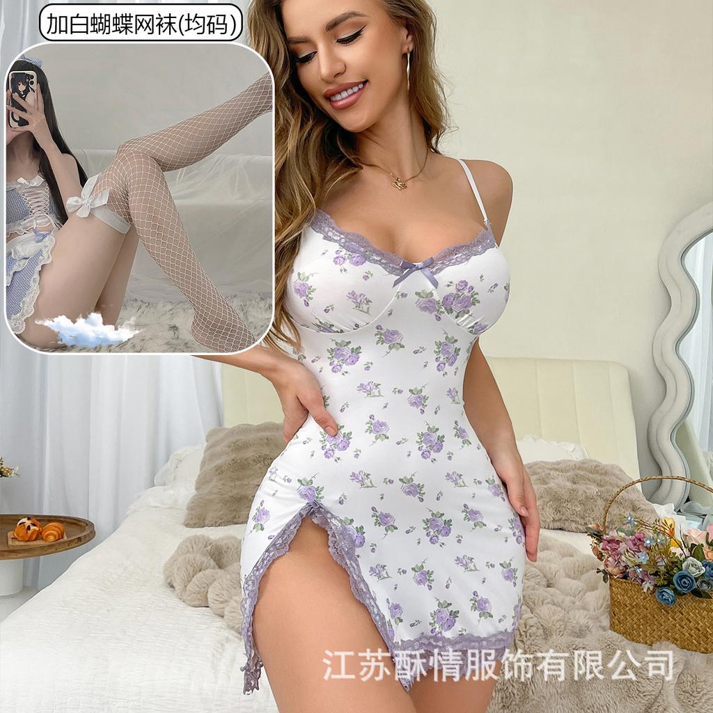 Crispy lingerie small floral splicing lace sexy low-cut European and American style casual split hip skirt nightdress