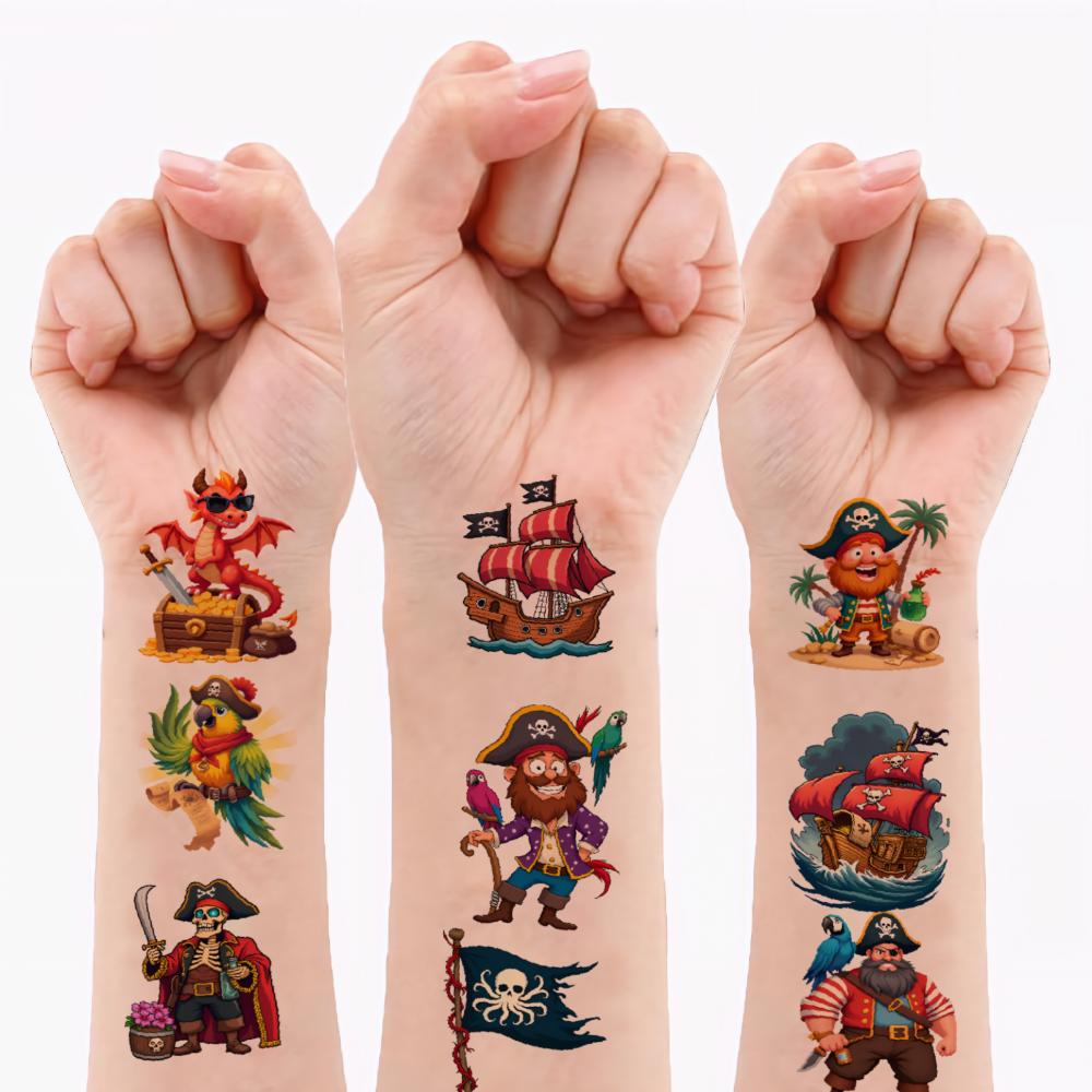 63pcs Temporary Tattoo Pirate Stickers Cartoon Treasure Illustrations Pirate Tattoos Waterproof Long-lasting Body Stickers For