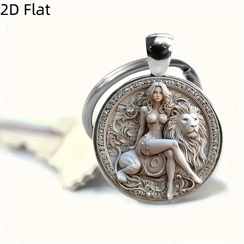 2D Flat Beautiful Woman and Lion Picture Keychain Personalized Decoration Pendant Key Ring