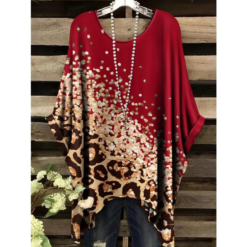 Summer Fashion Orange Light Leopard Shadow Pattern Round Neck Printed Women s Round Neck Short Sleeved Asymmetrical Hem T-shirt 1XL