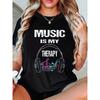 Women'S Round Neck Short Sleeve T-Shirt with The Print "Music Is My Therapy" Featuring Headphone Notes for Spring and Summer