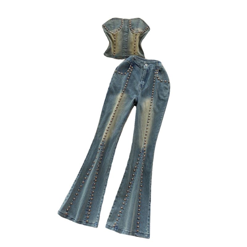 American Retro Denim Tube Top Bootcut Pants Beaded