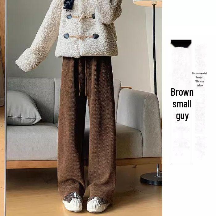 

Женские широкие брюки кофейного цвета с высокой талией — универсальный вариант для весны, осени и зимы, с отделкой из бархата, свободный крой, повседневный драпированный стиль. M