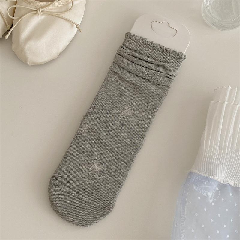 Women's Summer Solid Shade Bow, Bubble Rim Lace Boneless Pile Cotton Socks