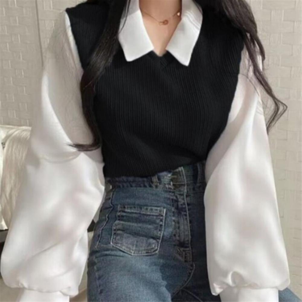 New Arrivals Open Run Women Basic Solid Shirt Layered Collar Neck Knit