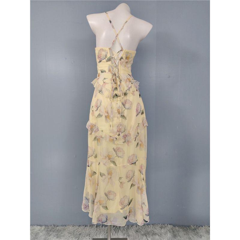 Foreign Trade Order Lu's Sling Slimming Exquisite Print Backless Slimming Flower Pastoral Lady Temperament Fashion Dress