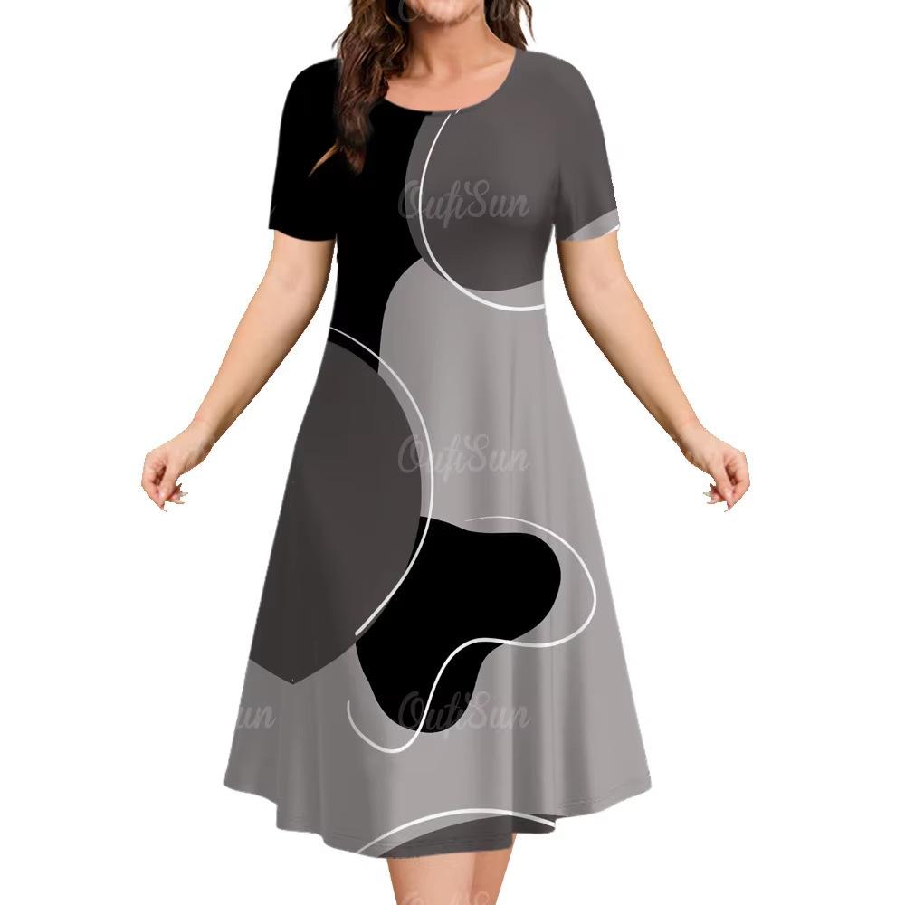 Elegant Women Short Sleeve Fashion 3d Print Midi Dress Plus Size Beach Clothing