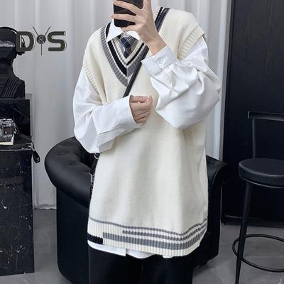 Męski sweter kamizelka dekolt w serek bez rękawów luźny kolorowy sweter dzianinowy średniej długości pogrubiony sweter w stylu Preppy i biznesowym