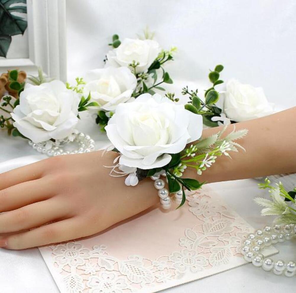 1PC Corsage And Boutonniere Set Simulated Wrist Flower With Chest Flower Rose Prom Flower Wrist Corsage Bracelets For Wedding