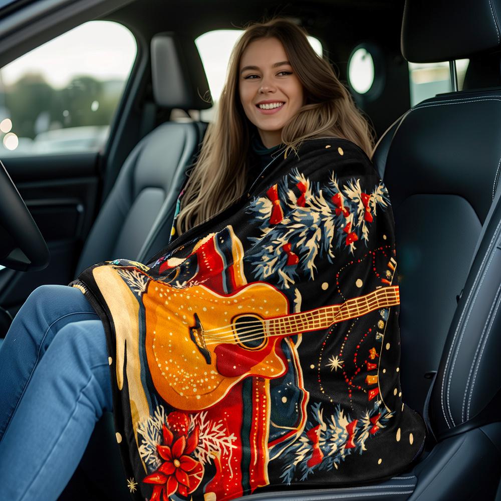 Guitar Christmas Truck Flannel Blanket Holiday Music Theme Red Car Acoustic Guitar Snow Trees Decorative Soft Fleece Throw Music