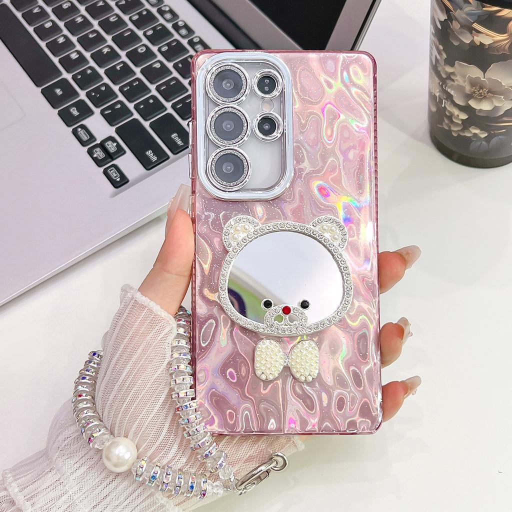 Advanced Wrinkles Suitable for Samsung S25ultra Bracelet Mobile Phone Case S24 Cartoon Mirror A56 Flash Powder Lens Film