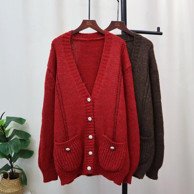 Medium and long V-neck knitted cardigan autumn and winter new loose lazy style temperament sweater jacket women