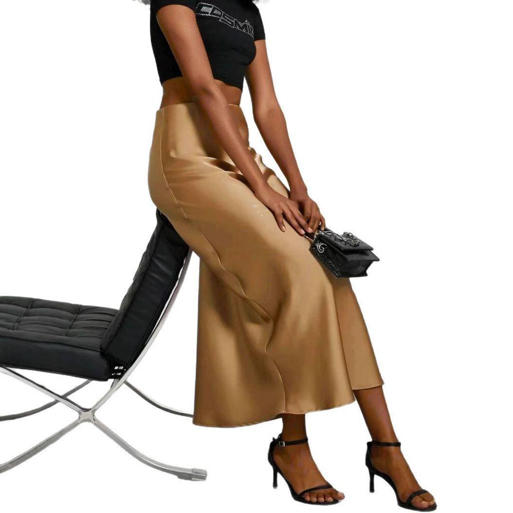 Elegant Satin Midi Skirt - Slim Fit, European Style