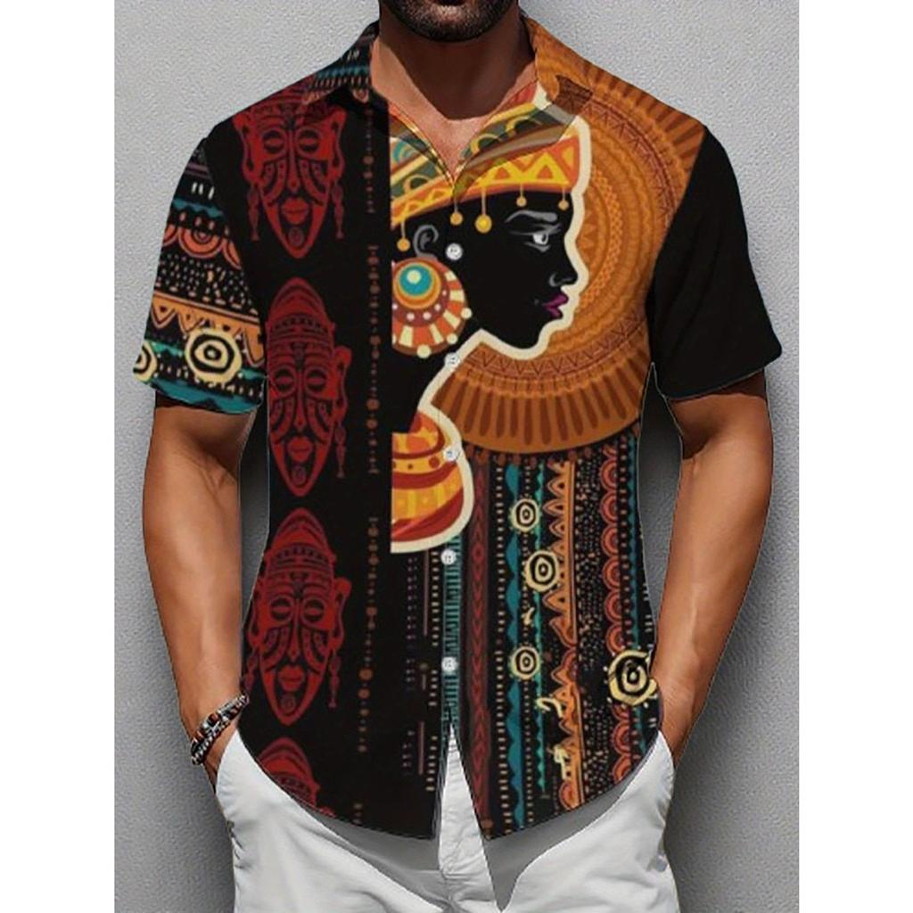 Men's Fashionable Ethnic Pattern Printed Short Sleeved Shirt
