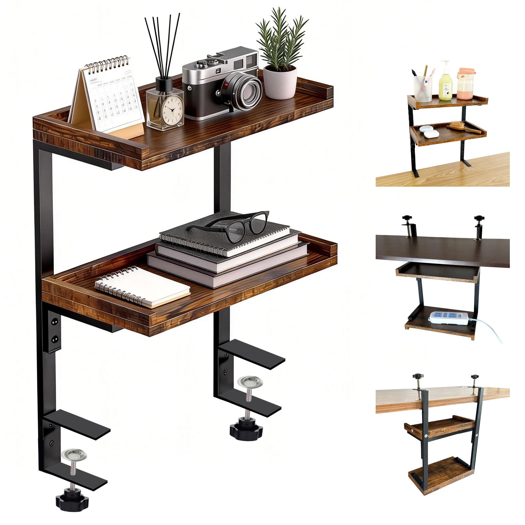 

WAIZY Shelf Desk Height Multifunctional Double-Tier Storage, Metal, Space-Saving, Clamp-Type, Adjustable, (Brown) коричневый