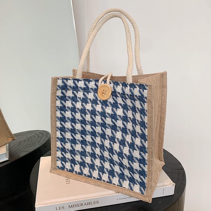 Ins Style Fashion Plaid Portable Linen Bag Large Capacity Square Bottom Jute Shopping Bag Linen Waterproof Gift Bag