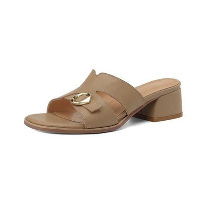 Mulas de pele de carneiro Peep Toe Salto grosso Sapatos de verão Tamanho 43 Fivela circular Design Lazer Sandálias femininas