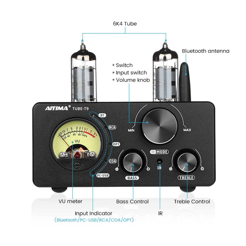 AIYIMA T9 Bluetooth Tube Amplifier Channel Vacuum Tube USB DAC Stereo HiFi Home Audio Digital Amplifier with VU Meter 5.0 100W2 2.0