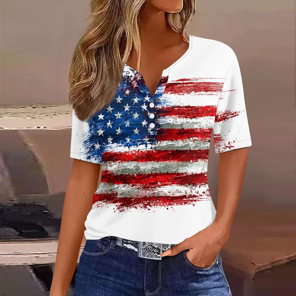 Women's T Shirt Independence Day Print Button Short Sleeve Daily Weekend Fashion Basic V- Neck Regular Top