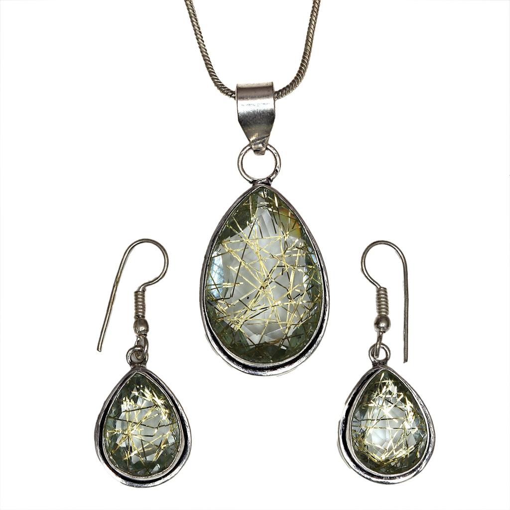 Rutile  Golden Set Earring Jewelry 18-20'' Pendant Quartz Sterling