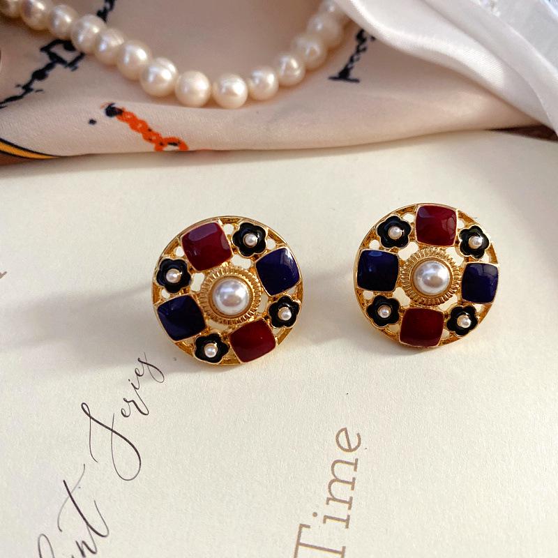 

Французские ретро серьги-пусеты из серебра 925 пробы с жемчугом и эмалью