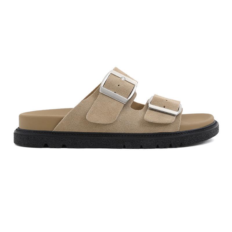 Cowhide version thick-soled slippers women's genuine leather flat-bottomed outer wear one-word belt buckle cool slippers Boken half slippers
