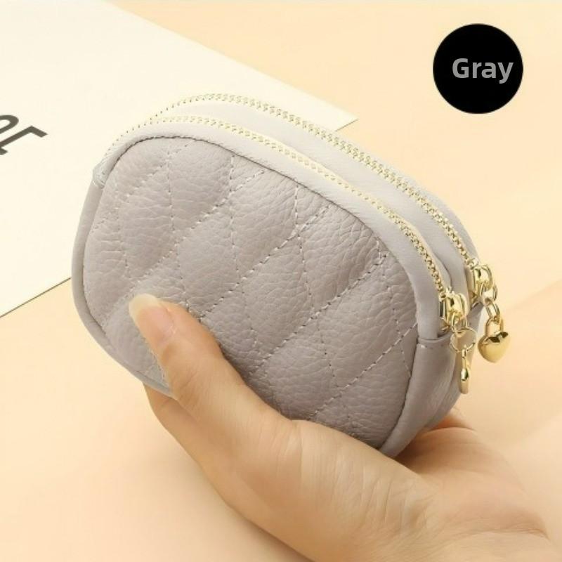 Rhombus Texture Key Ring Coin Bag Double Zipper Leather Small Change Bag Women's Mini Card Holder