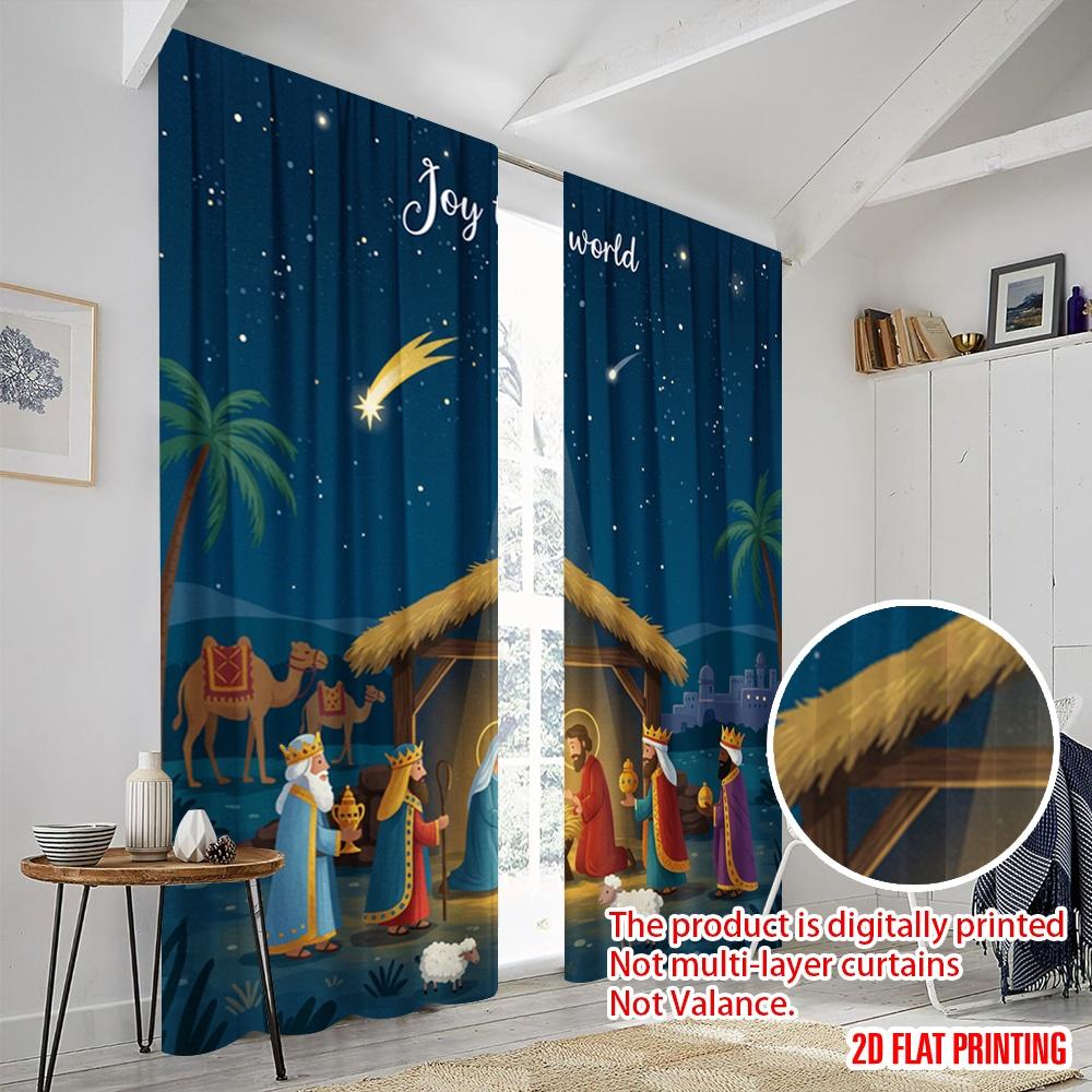 2pcs 2D flat printing Curtains Nativity Scene Joy World Fabric Without Electricity 0 Use for Bedroom Office Living Room Home