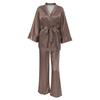 Autumn European Style Satin Print Pajamas Set Women's Loose Homewear Cardigan Robe Long Pants Cool Feel Nightwear For Casual Outing