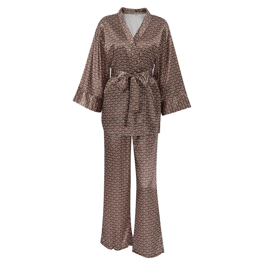 Autumn European Style Satin Print Pajamas Set Women's Loose Homewear Cardigan Robe Long Pants Cool Feel Nightwear For Casual Outing