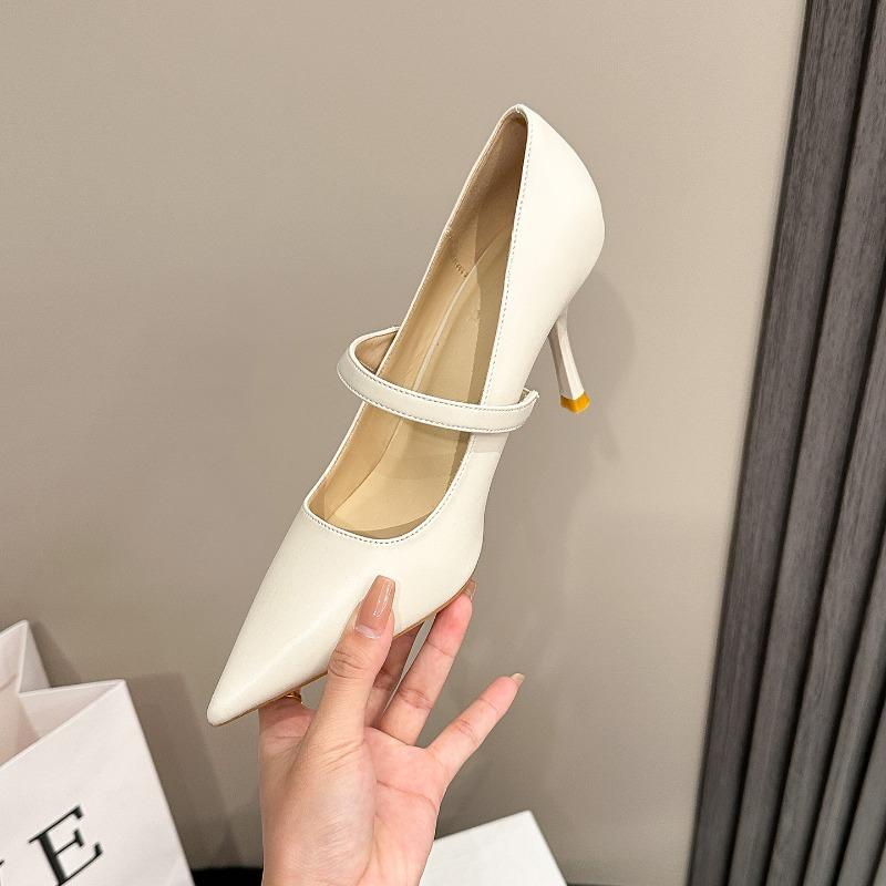 Retro high heels women's widened version one-word strap thin heel pointed fiber leather pearl versatile temperament commuter work shoes