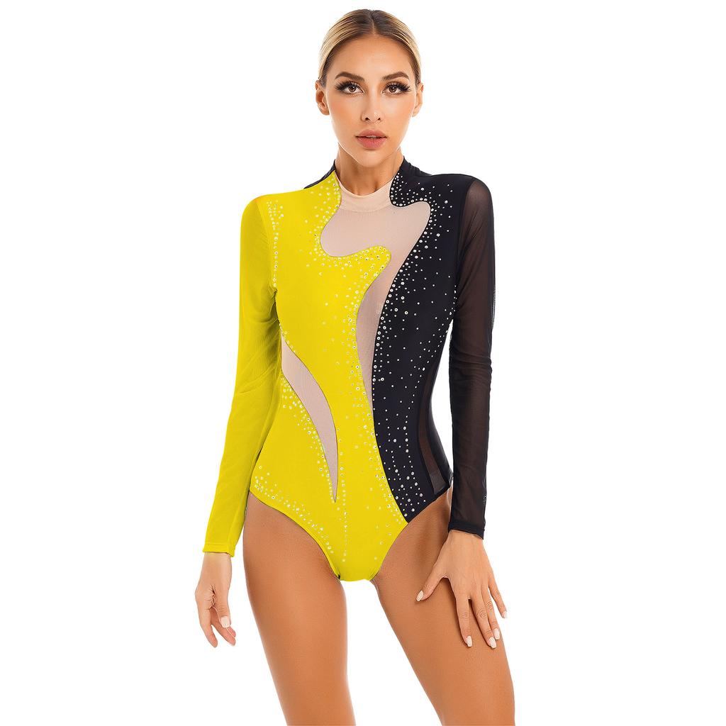 Womens Color Block Patchwork Leotard Sparkle Rhinestone Mesh Long Sleeve Bodysuit Gymnastics Acrobatics Dancewear