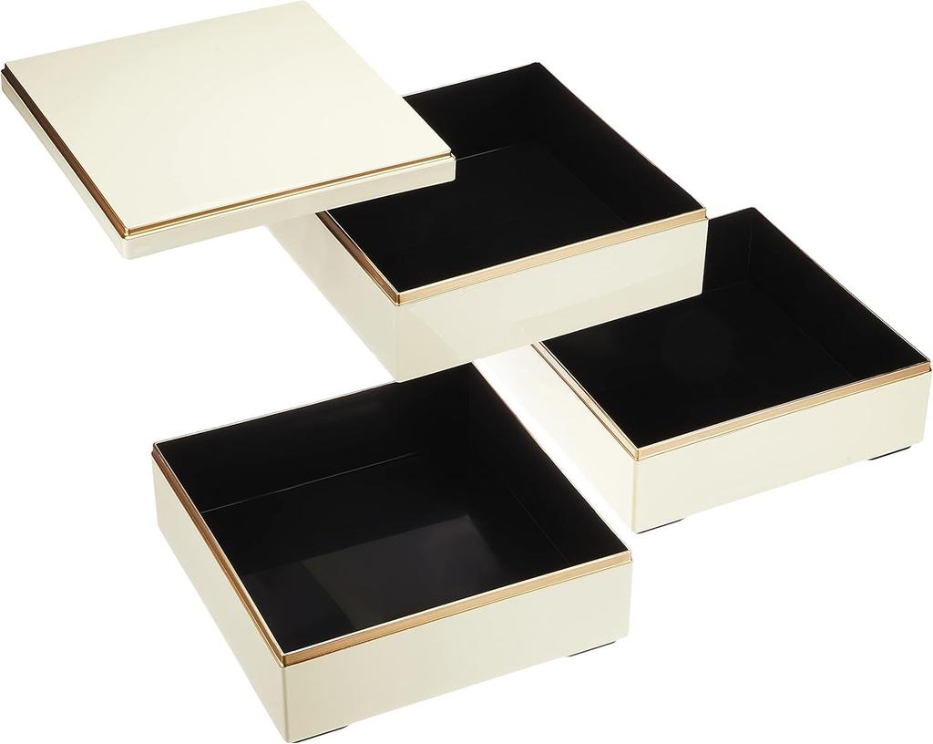 Wakaizumi Kurashige Tiered Ivory with Gold Rim and Black Lacquerware, 6.5-inch Box, Interior, 3-tier, H-155-34A