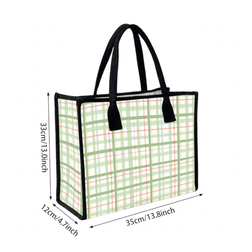 Green Plaid Canvas Tote Bag Casual Large Capacity Daily Shopping Handbag